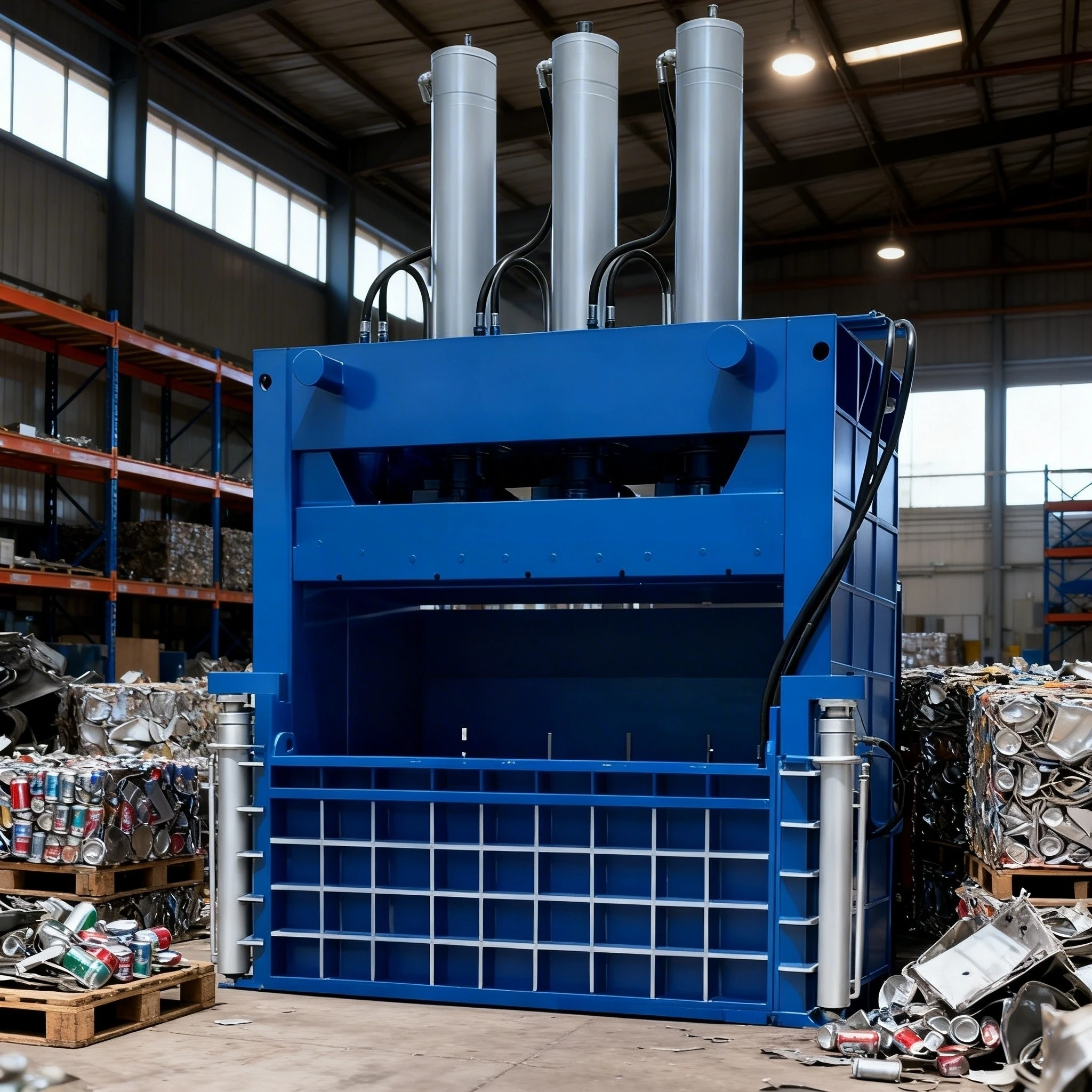 300T Large All Steel Plate Vertical Hydraulic Baler Working in Industrial Recycling Factory